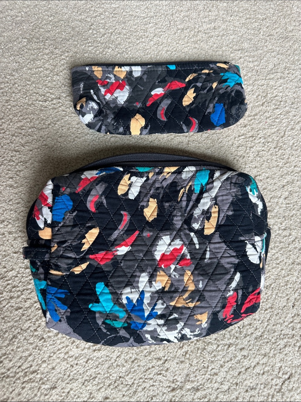 Vera Bradley Two Piece Quilted Black Multicolor Cosmetic Bag Set